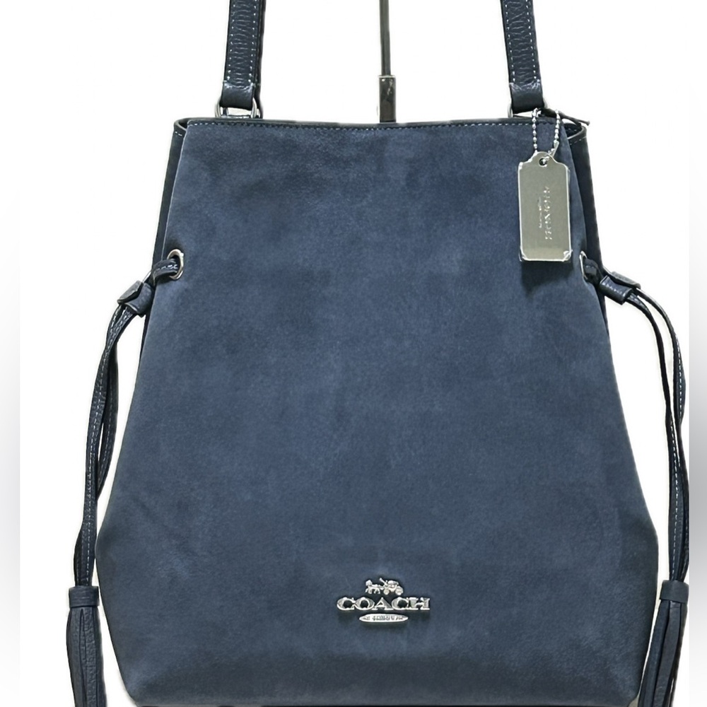 COACH Andy Suede and Pebble Leather Tassel Cinch Tote in Denim Blue NWT - Picture 5 of 12